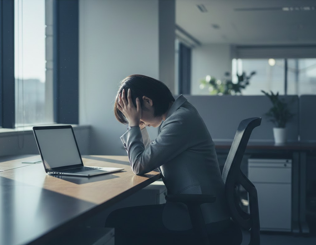 静かなオフィス、窓辺で頭を抱えて悩む女性