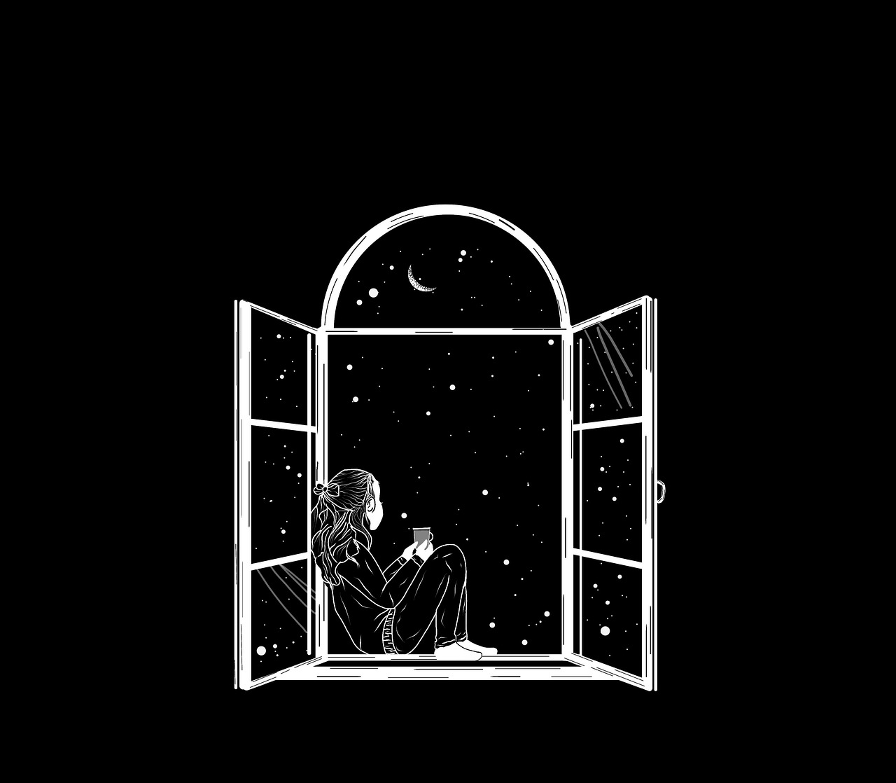 深夜、窓辺に一人でいる女性のイラスト