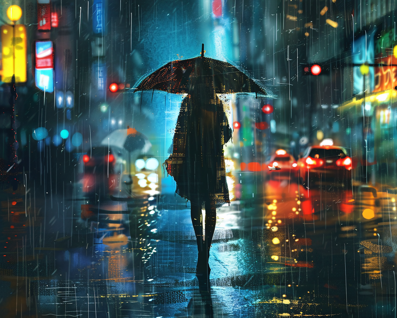 雨の夜の都会。一人で佇む女性