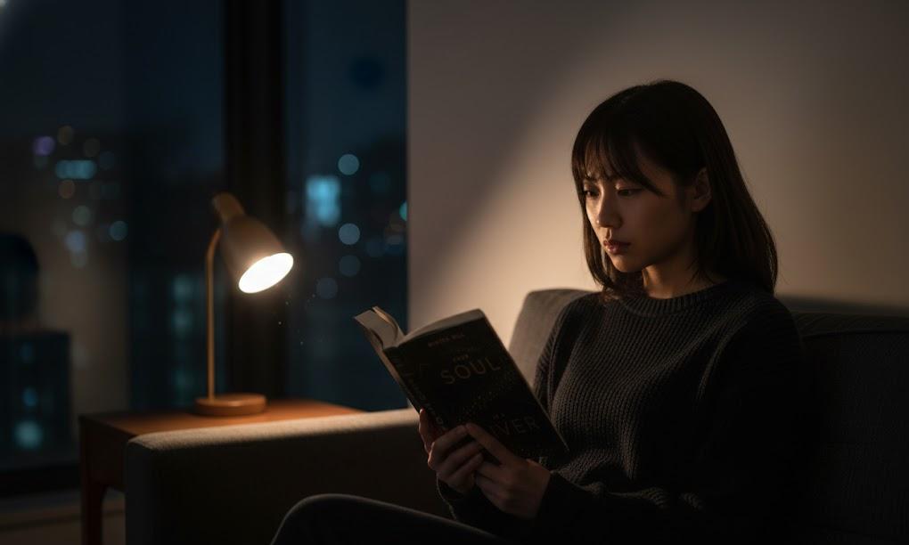 夜の静かな書斎で一冊の本を開く女性
